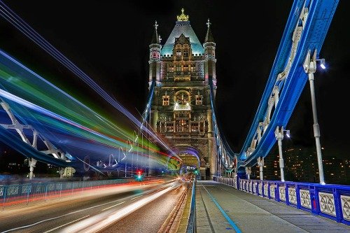 London Tower Bridge at night with Car Trails lights