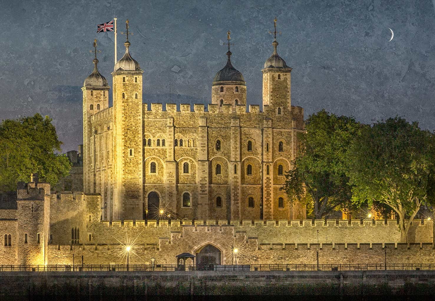 London Tower Of London at Night and River Thames textured with crescent moon