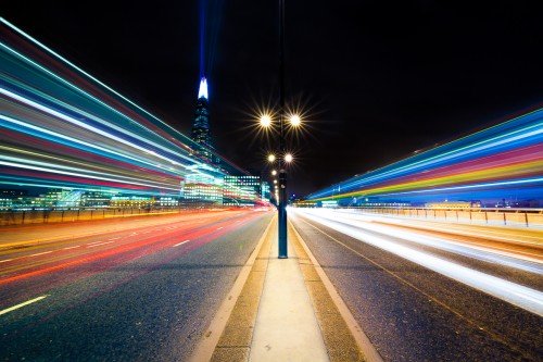 London-bridge-night-cityscape-shard-building-lazer-lights-car-trails