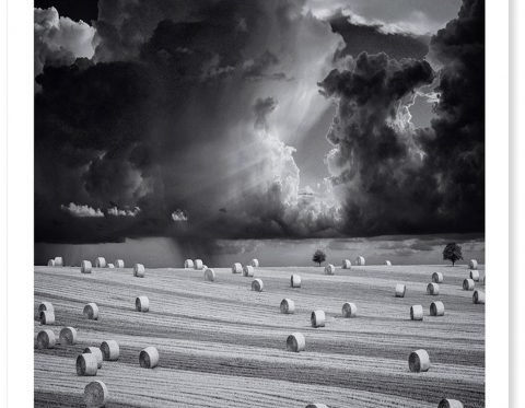 TZ Prints fine art landscape photograph stormy sky over hay bales and field